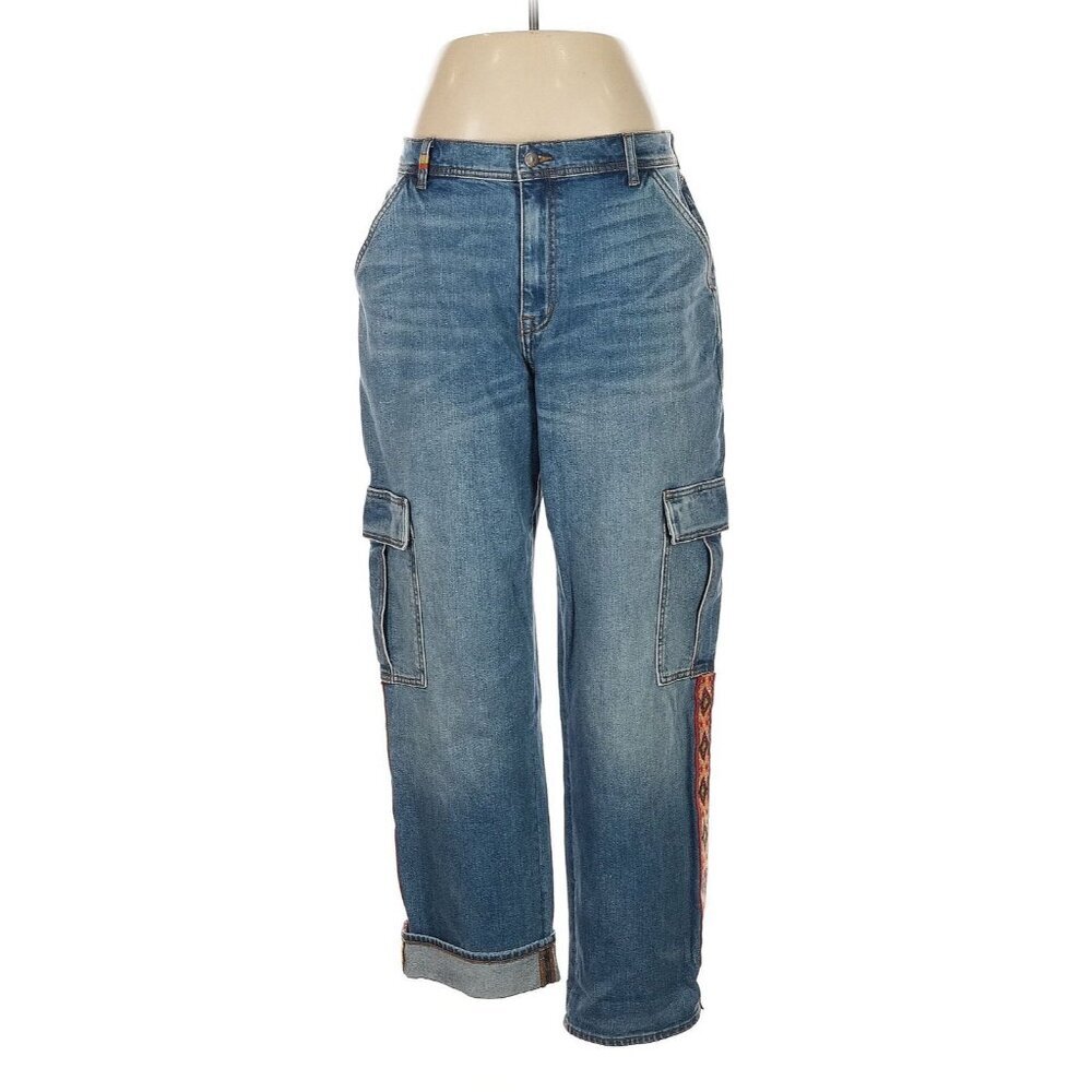 Johnny Was Eliza Cargo Jean Medium Wash Boho Embroidered trim, Size 32